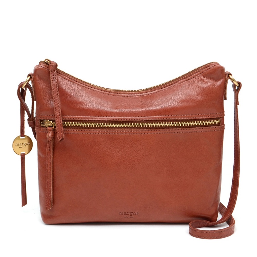 Margot New York Mary Scoop Double Zipper Leather Shoulder Bag in Brandy